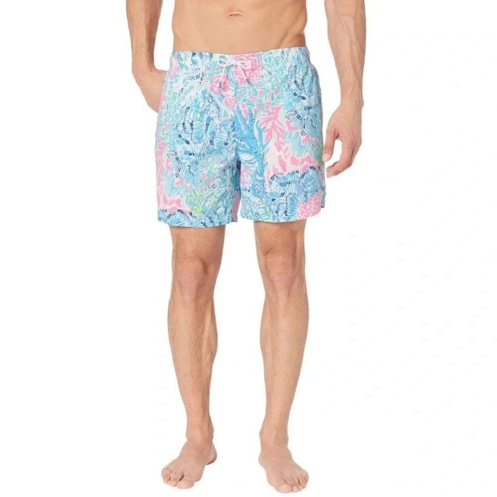 Lilly Pulitzer Swimwear Blue & Pink Print Men's Capri Trunk XXL Beach Resort
